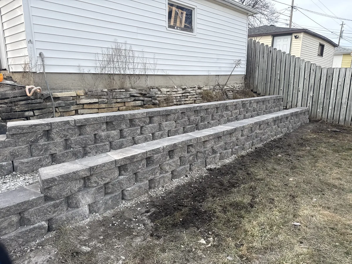 Two-tier gray block retaining wall